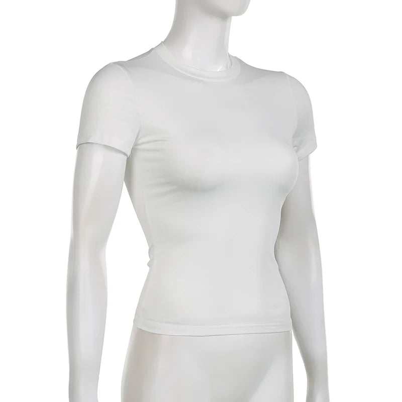 Women’s Y2K solid crop top with short sleeves and crewneck, skinny casual summer tee