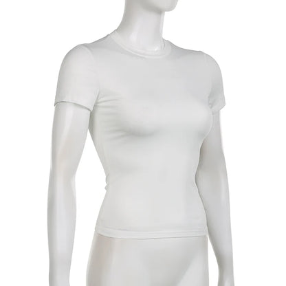 Women’s Y2K solid crop top with short sleeves and crewneck, skinny casual summer tee