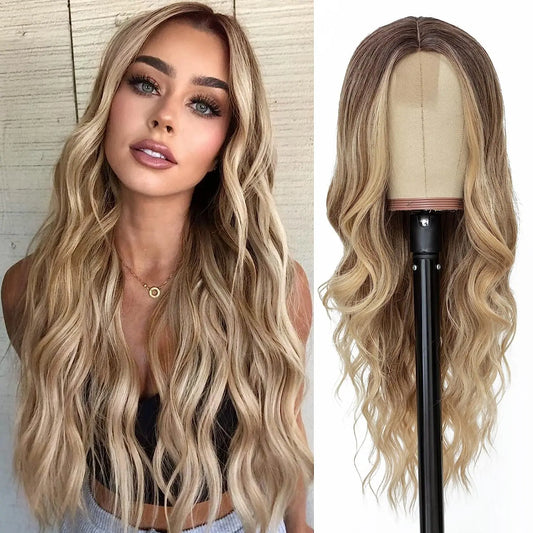 Side-by-side comparison of a woman with long blonde hair and a wig on a mannequin head.
