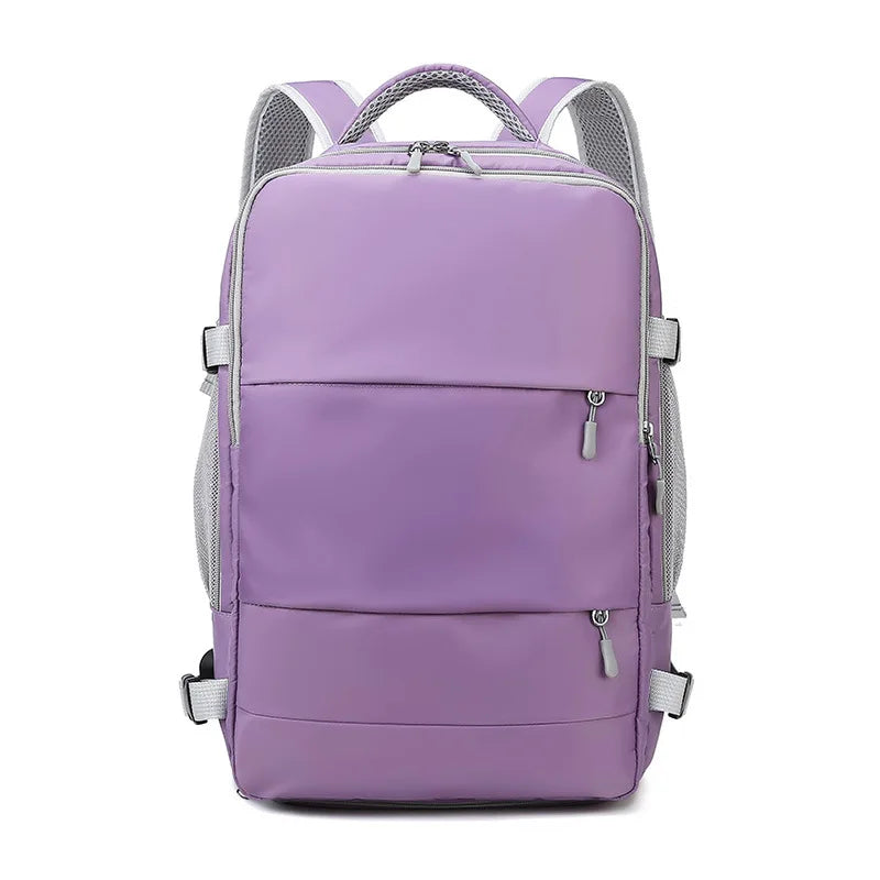 Purple backpack with gray straps on a white background