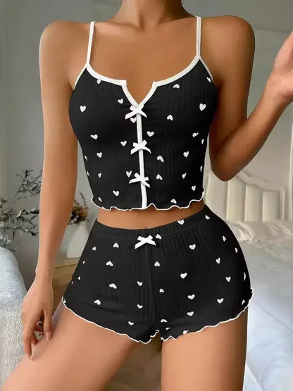 Women’s Heart Print Pajamas Set – Soft Ribbed Fabric Cami Top & Shorts with Flirty Frill Trim