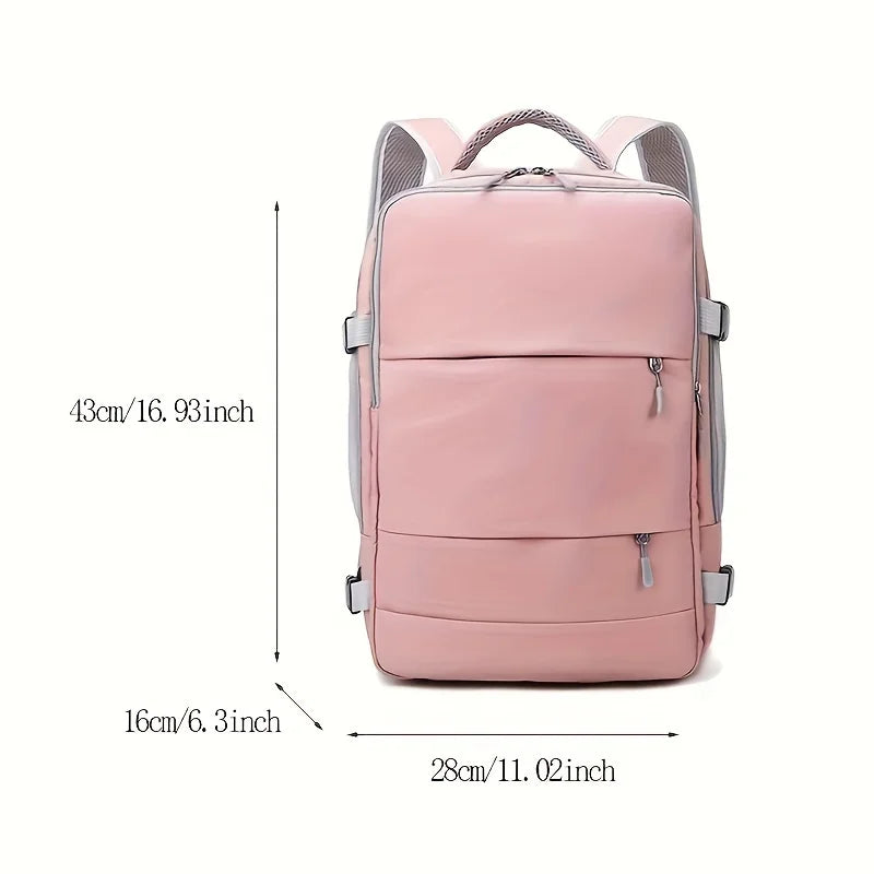 Pink backpack with dimensions indicated on a white background
