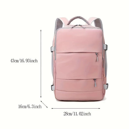 Pink backpack with dimensions indicated on a white background
