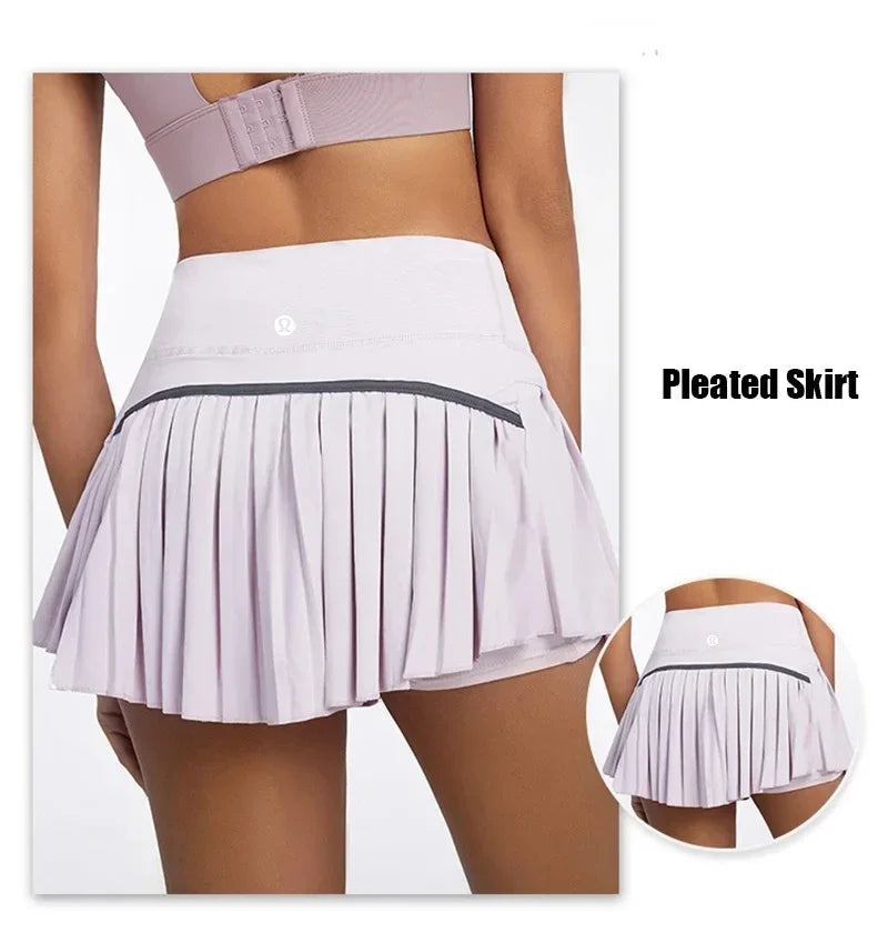 High-waist pleated tennis skirt pants with built-in shorts, breathable and lightweight for summer fitness activities