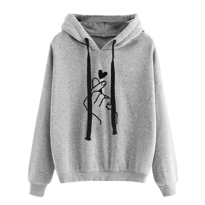Finger Heart Fleece Hoodie – Korean Style Pullover with Pockets