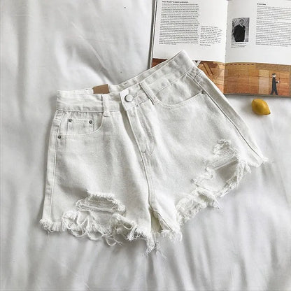 Women’s Korean high-waist ripped denim shorts with tassel pocket detail in blue