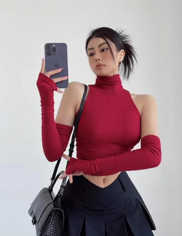 Sexy high neck pleated sleeveless crop tank top for women, Y2K clubwear and streetwear