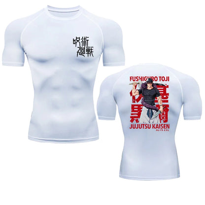 White t-shirt with 'JuJutsu Kaisen' character design on front and back