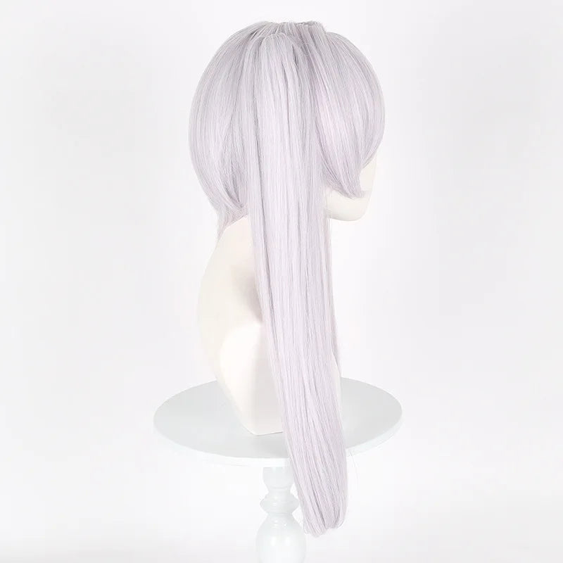 White wig on a white stand with a white background
