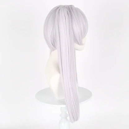 White wig on a white stand with a white background