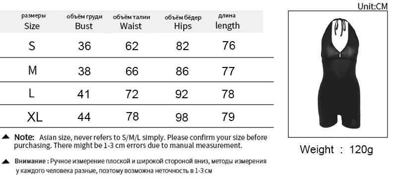 Size chart and product details for a swimsuit with measurements in centimeters and weight in grams.
