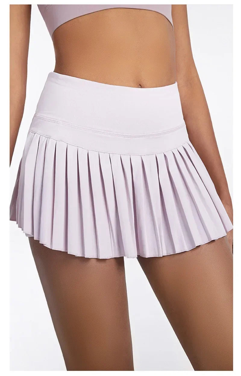 High-waist pleated tennis skirt pants with built-in shorts, breathable and lightweight for summer fitness activities