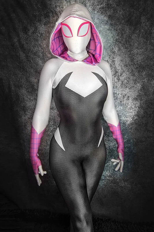 Person wearing a Spider-Gwen costume with a dark background