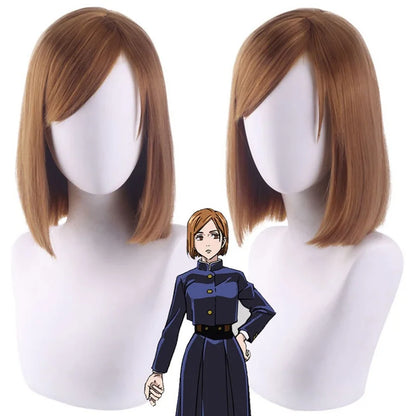 Brown wig on a mannequin head with an anime-style character illustration.
