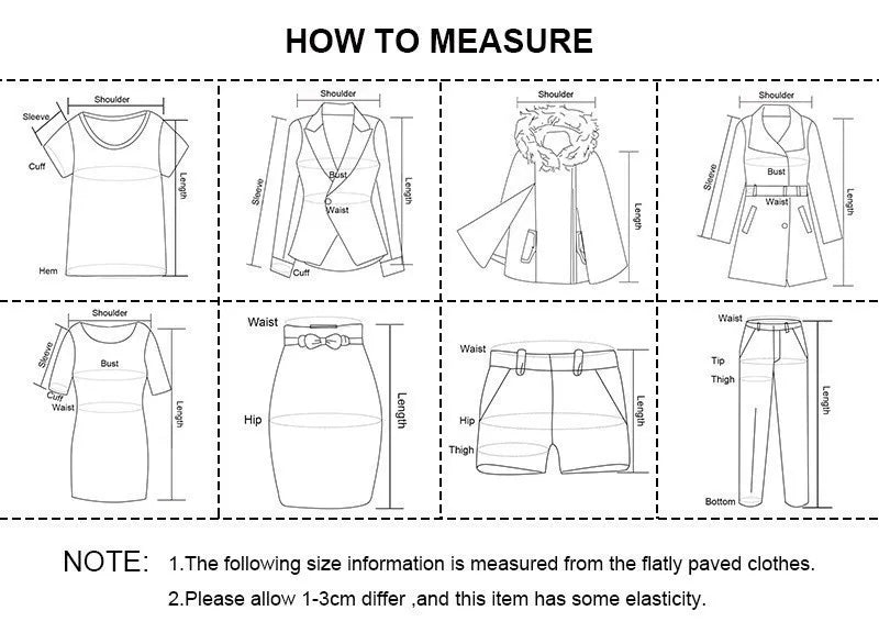 Measurement guide for clothing with labeled parts and instructions.