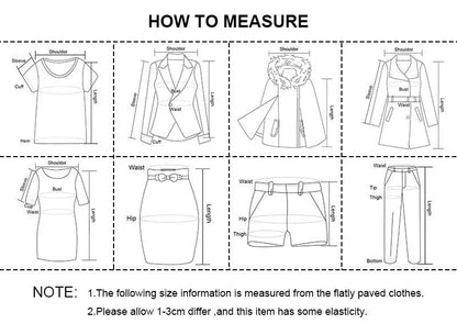 Measurement guide for clothing with labeled parts and instructions.