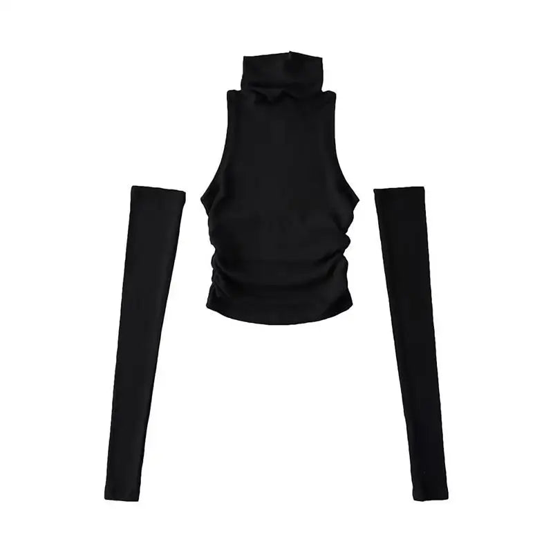 Sexy high neck pleated sleeveless crop tank top for women, Y2K clubwear and streetwear