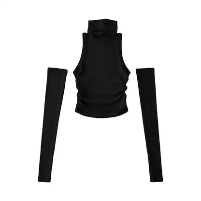 Sexy high neck pleated sleeveless crop tank top for women, Y2K clubwear and streetwear