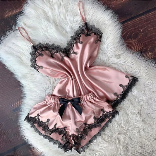 Velvet Camisole & Bow Shorts Sleepwear Set – V-Neck Backless Pajamas for Women