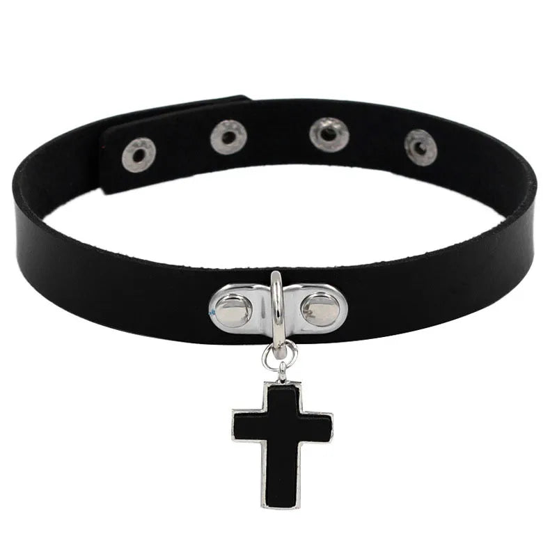 ShadowBelle PU leather punk choker set with bell, spikes, and rivets for goth and BDSM cosplay