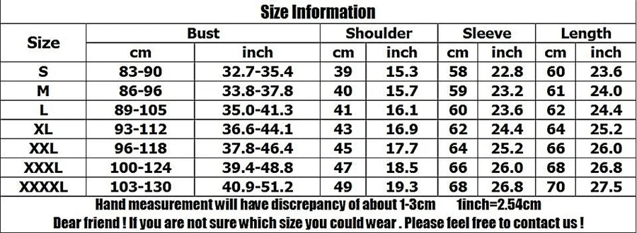Size chart for clothing with measurements in centimeters and inches.