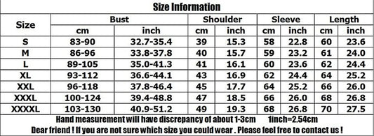 Size chart for clothing with measurements in centimeters and inches.