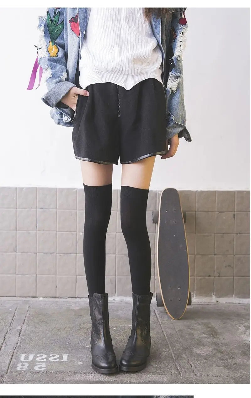 Black and white knee-high Lolita socks for women, thin breathable over-the-knee stockings