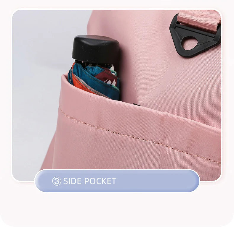 Pink backpack with a side pocket containing an umbrella on a light gray background
