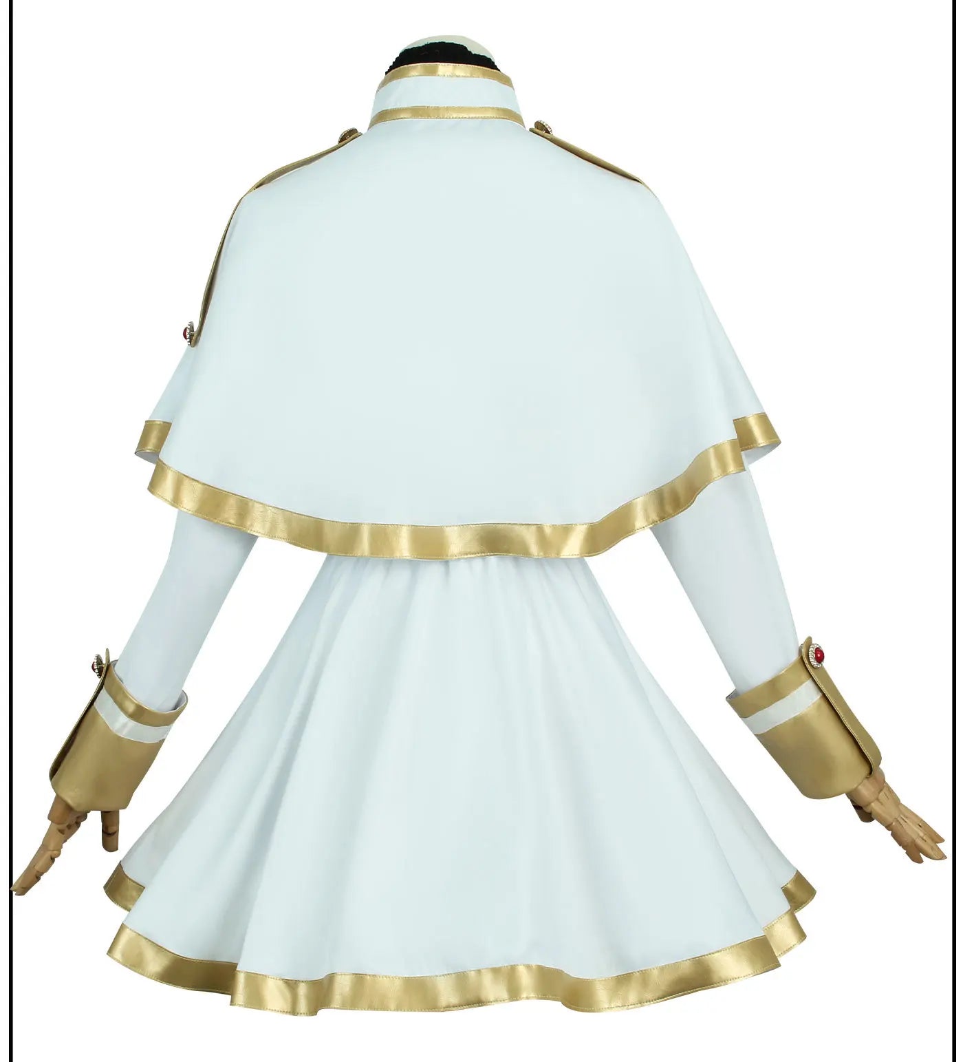White and gold costume with long sleeves and a cape on a white background