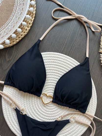 Sexy halter bikini set with Brazilian thong bottoms – women’s two-piece solid color swimwear