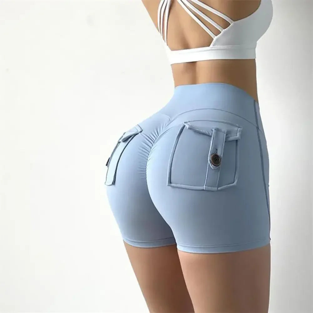 Women’s peach butt cargo yoga pants with air-dry pockets – breathable three-quarter fitness shorts