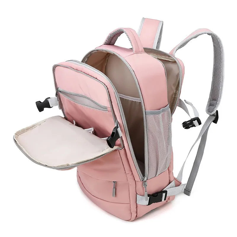 Pink backpack with open front pocket on a white background