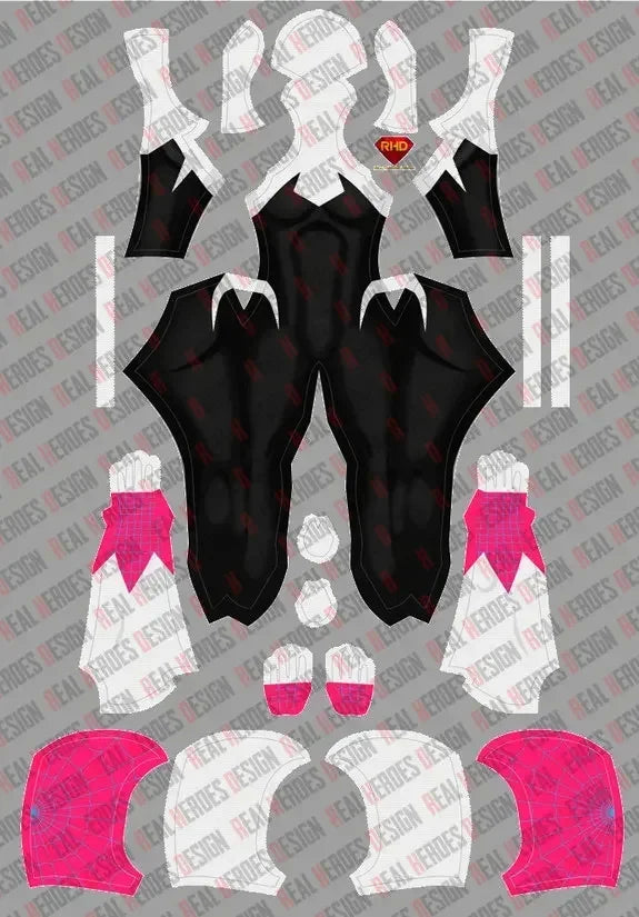 Set of black and pink costume pieces on a gray background with visible branding.