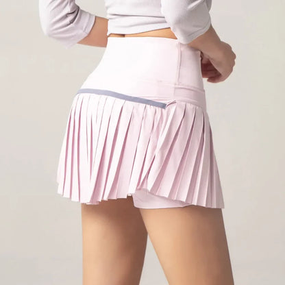 High-waist pleated tennis skirt pants with built-in shorts, breathable and lightweight for summer fitness activities