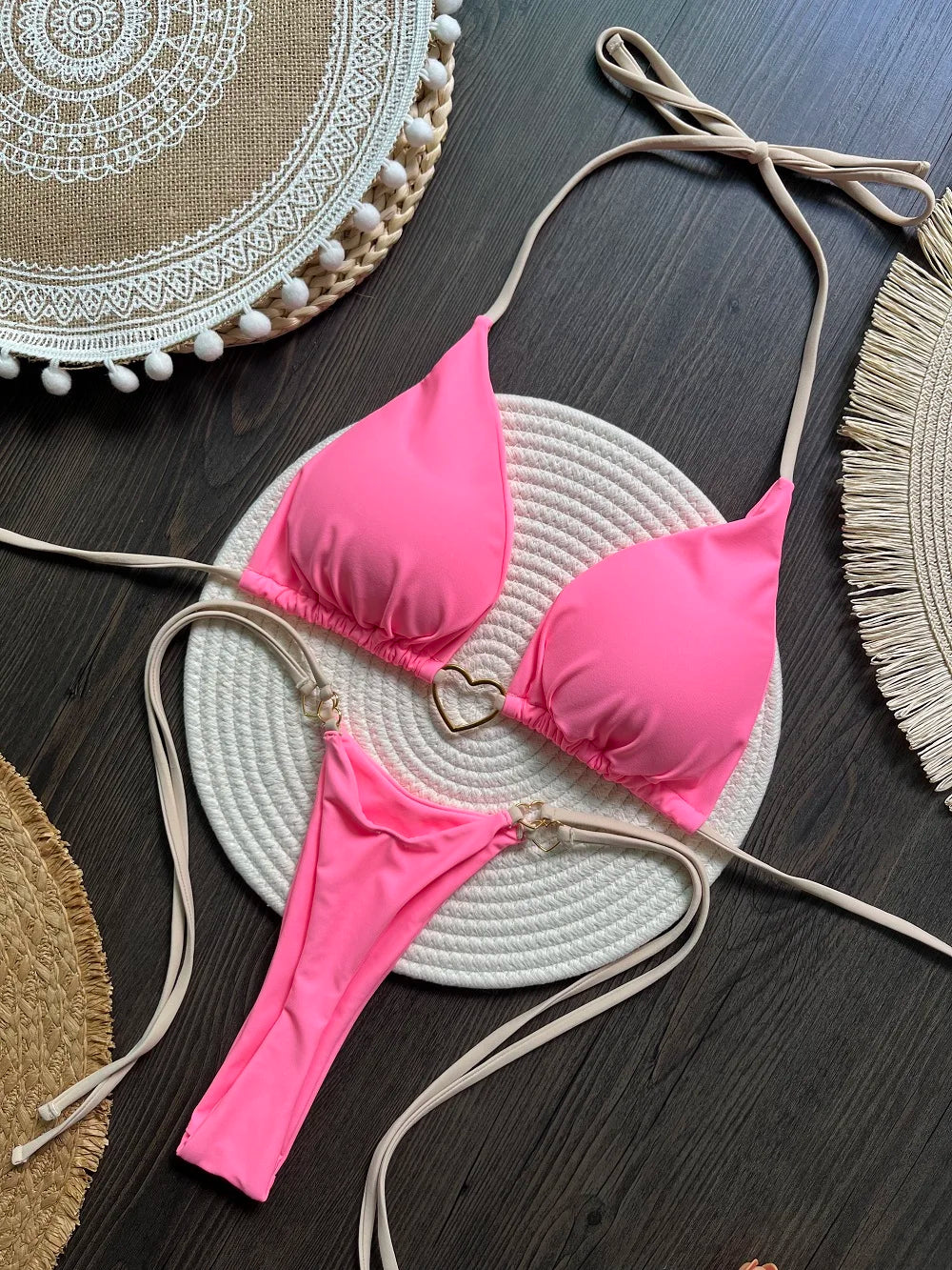 Sexy halter bikini set with Brazilian thong bottoms – women’s two-piece solid color swimwear