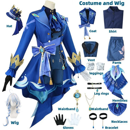 Blue costume with labeled components on a white background