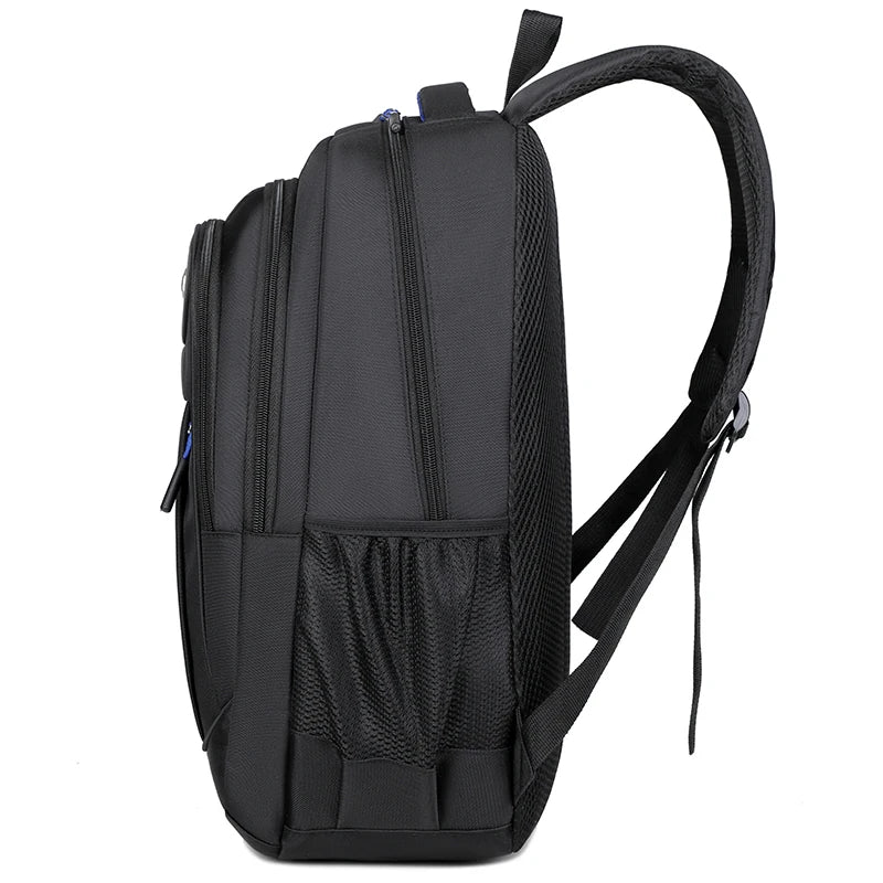 Black backpack with multiple compartments on a white background