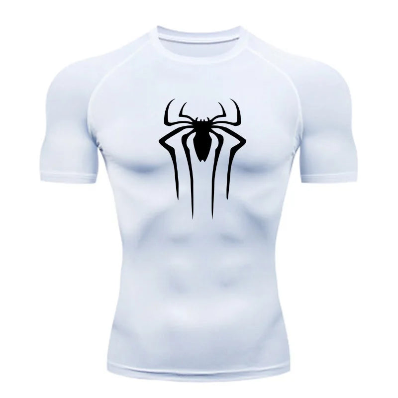 White t-shirt with black spider logo on a white background