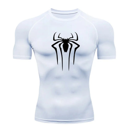 White t-shirt with black spider logo on a white background