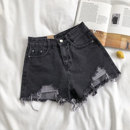 Women’s Korean high-waist ripped denim shorts with tassel pocket detail in blue