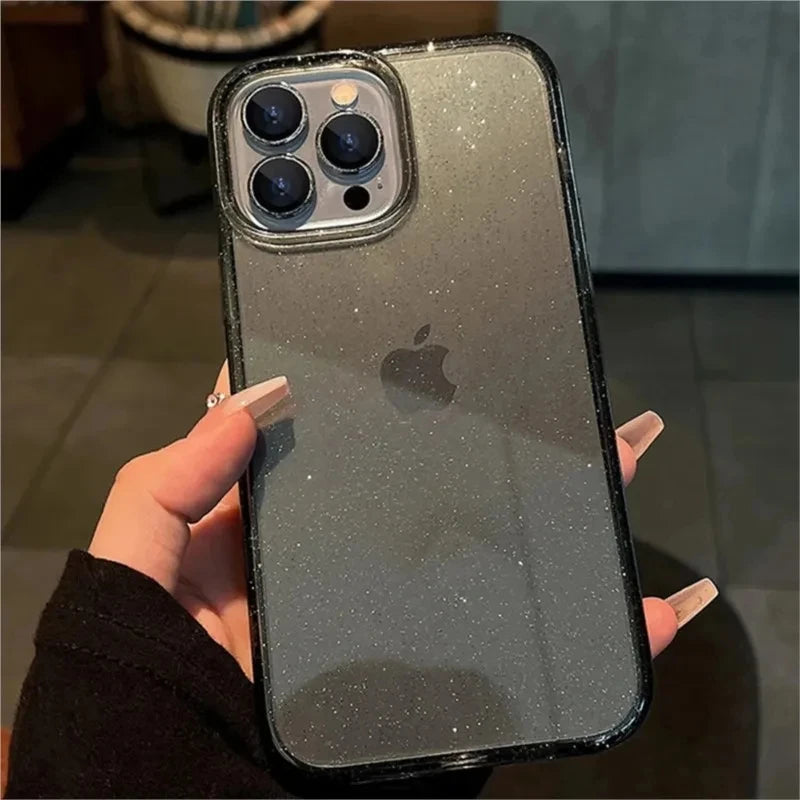 Phone case with Apple logo held by a hand on a blurred background