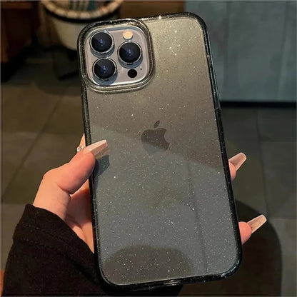 Phone case with Apple logo held by a hand on a blurred background