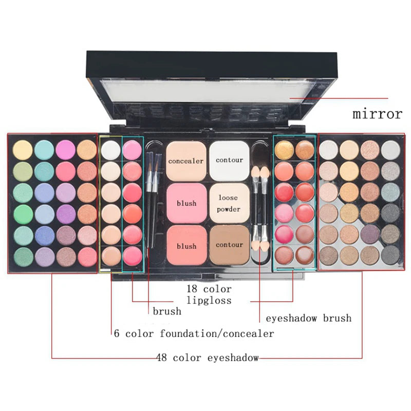 Makeup palette with various cosmetic items including eyeshadows, lip gloss, and brushes on a white background.