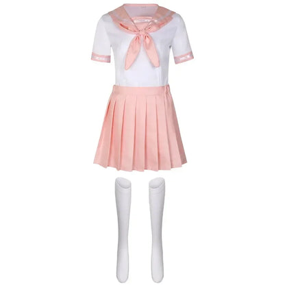 Japanese Seifuku pink sailor cosplay uniform with pleated skirt, blouse, and socks set for anime costume or kawaii fashion