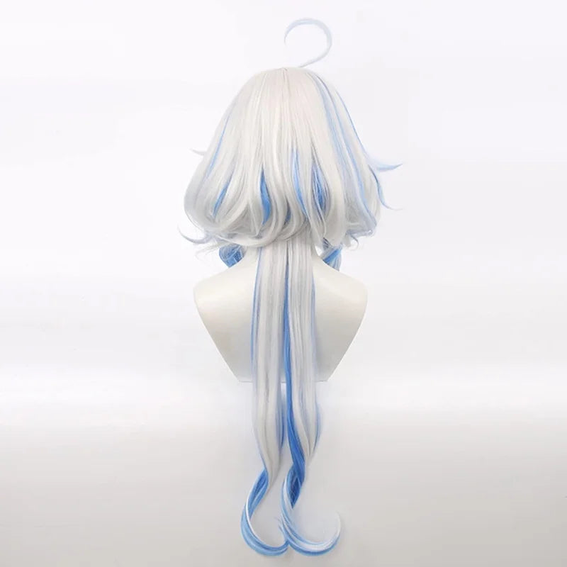 White wig with blue streaks on a mannequin head against a white background