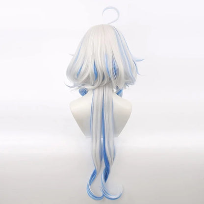 White wig with blue streaks on a mannequin head against a white background