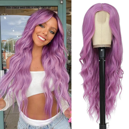 Purple wig on a mannequin head and a woman with the wig.