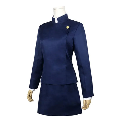 Navy blue uniform with a gold emblem on a mannequin against a white background