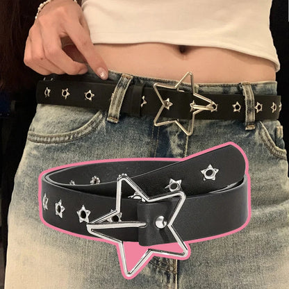 Y2K punk star eyelet PU leather belt with black rivets for women and men