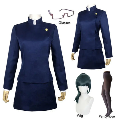 Navy blue uniform set with glasses, wig, and pantyhose on a white background